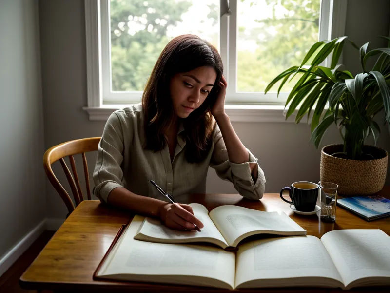 Crecimiento personal de una mujer freelance: página de cuaderno con notas sobre sensaciones físicas y bocetos de diseño para la toma de decisiones