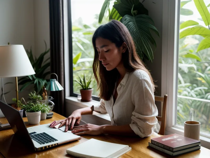 Lluvia cayendo sobre plantas tropicales durante una pausa del trabajo de diseño freelance