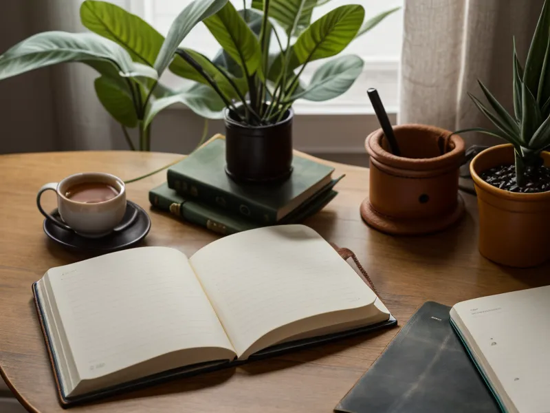 Cuaderno de crecimiento personal abierto sobre un escritorio, ejemplo de journaling consciente para la organización personal