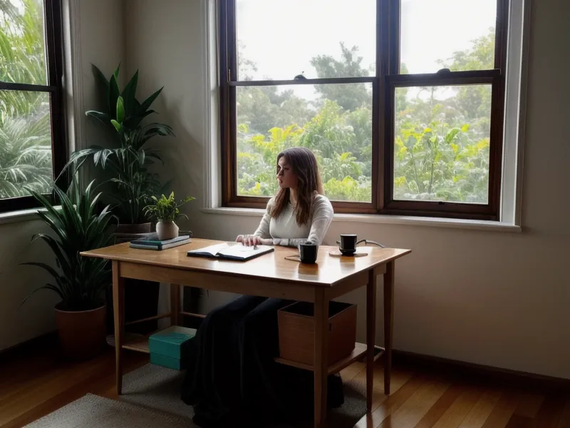 Rincón de escritura nocturno con café frío durante una pausa del trabajo freelance