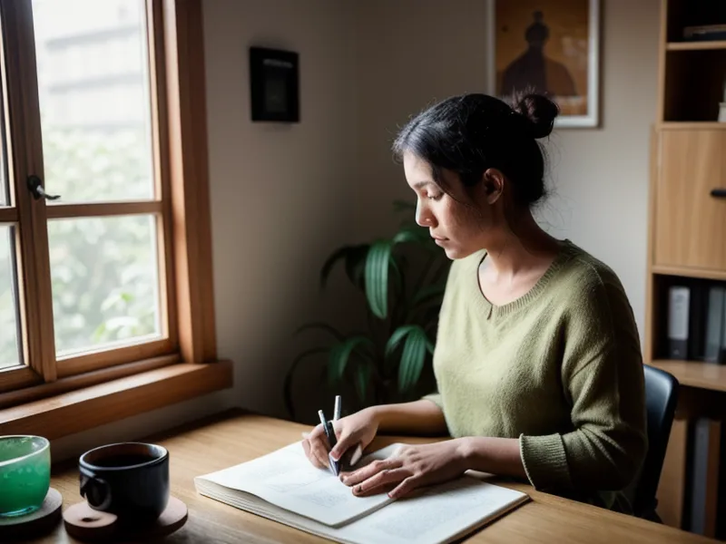 Síndrome del impostor en freelancers creativas: mano escribiendo y tachando una autocrítica en un cuaderno de cuero
