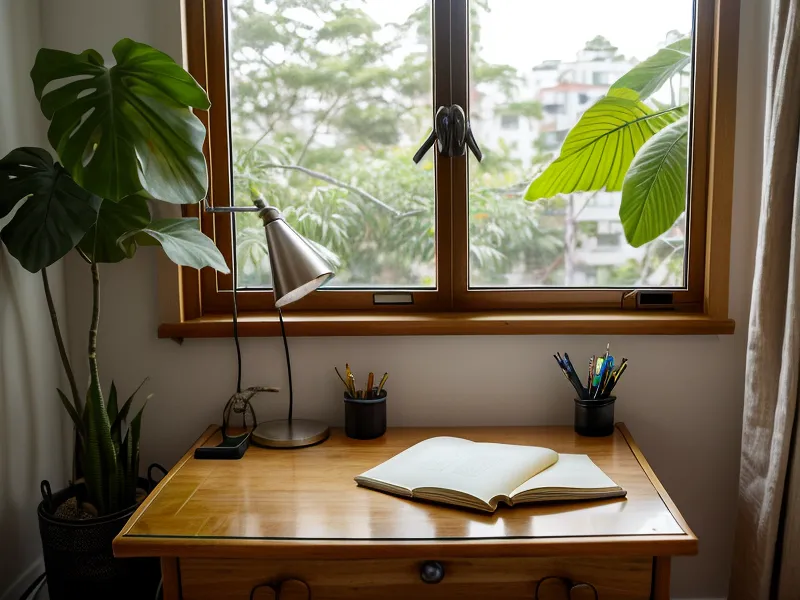 Termo de tereré junto a un cuaderno con tareas terminadas al final del día, ritual de cierre de jornada para una diseñadora freelance en Paraguay.
