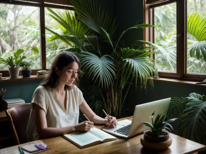 Cuaderno de crecimiento personal para mujeres freelance abierto sobre el escritorio
