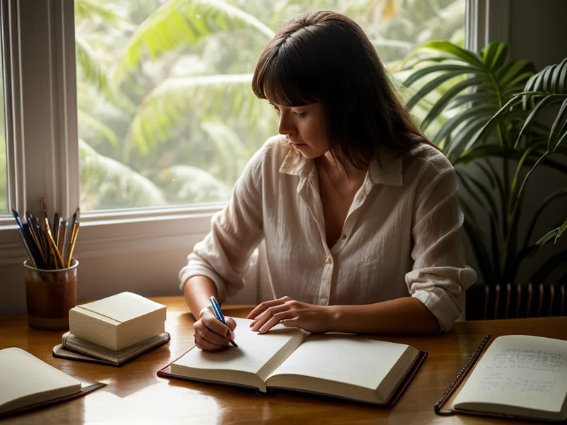 Usar un cuaderno de crecimiento personal para calmar la ansiedad laboral en el trabajo freelance