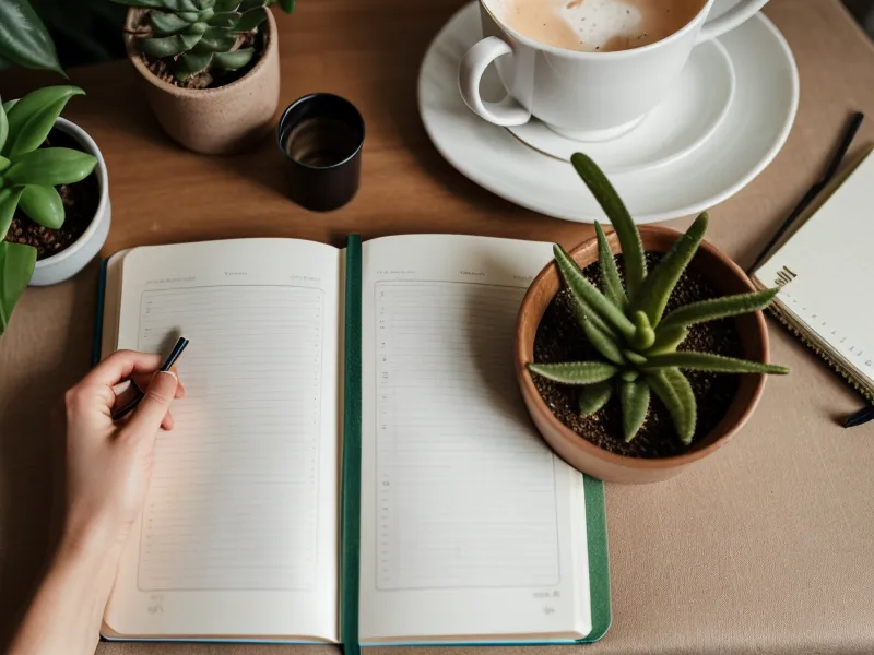 Primer plano de un cuaderno A5 de crecimiento personal con anotaciones para manejar la ansiedad laboral y un bolígrafo fino
