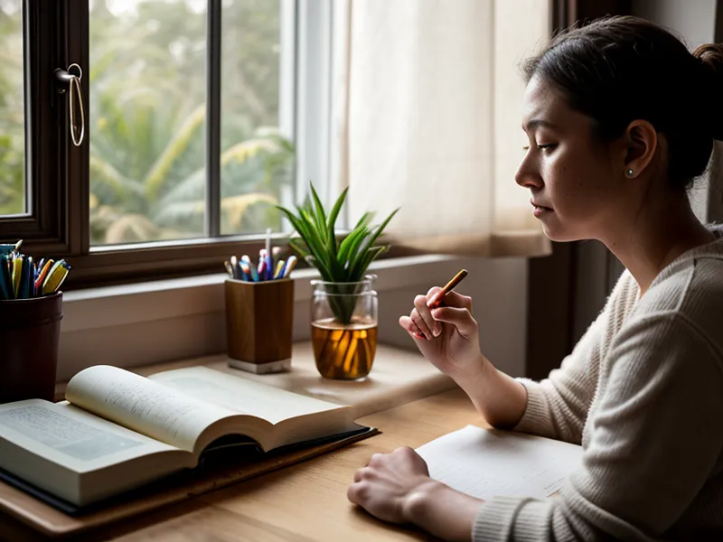 Manos descansando sobre un cuaderno de crecimiento personal, símbolo de calma frente a la ansiedad laboral freelance