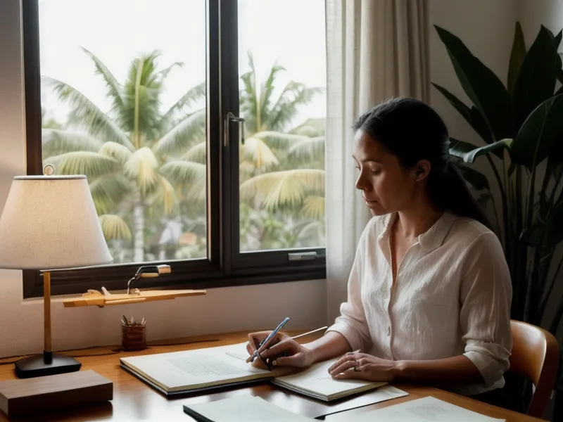 Manos de diseñadora freelance trabajando de noche con disciplina flexible y su cuaderno de notas al lado.