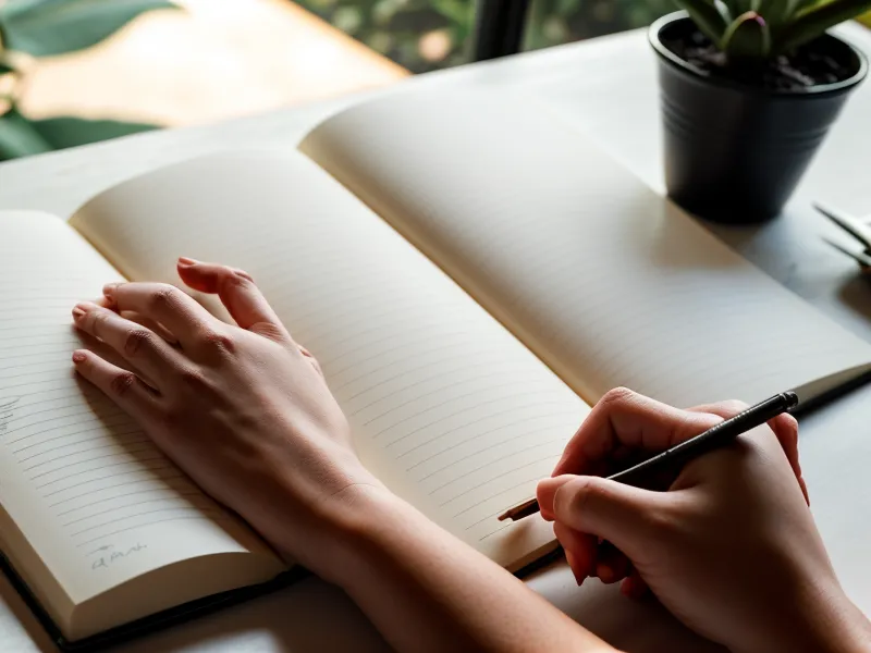 Escribiendo en el cuaderno de crecimiento personal durante una pausa freelance