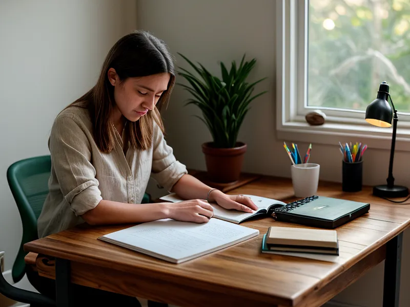 Diseñadora freelance con agotamiento creativo trabajando en desarrollo personal y bienestar emocional