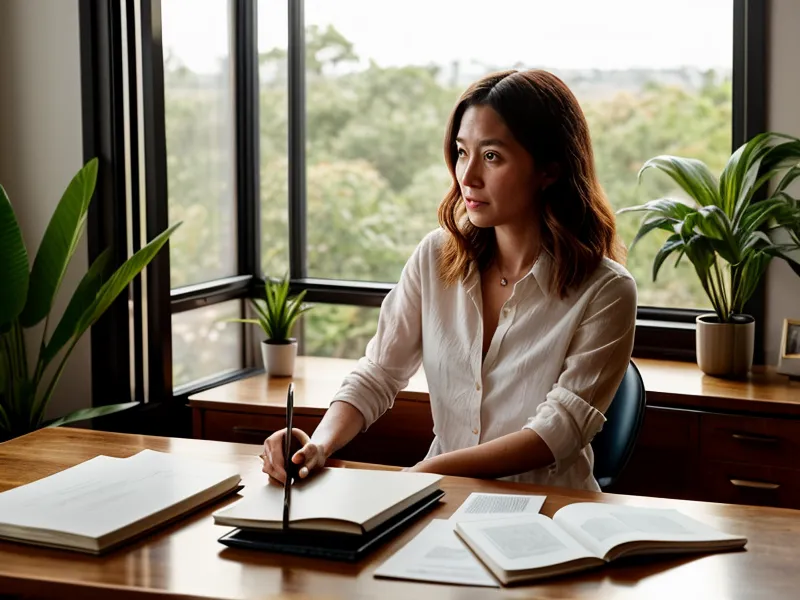 Escritorio ordenado con cuaderno y planta, ambiente de calma para el trabajo remoto en solitario.