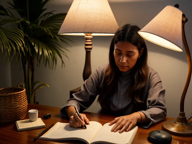 Manos relajadas de una diseñadora freelance sobre el escritorio tras enviar un presupuesto con mentalidad de abundancia