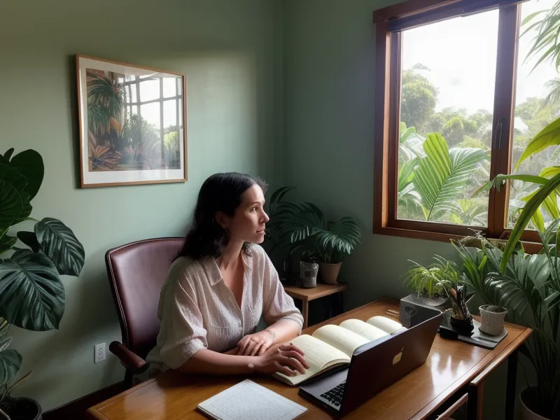 Mejores cursos de empoderamiento femenino online para el éxito freelance: escritorio de una diseñadora freelance de noche en Asunción