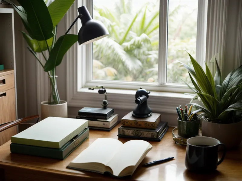 Espacio de trabajo freelance con cuaderno de crecimiento personal y herramientas de diseño