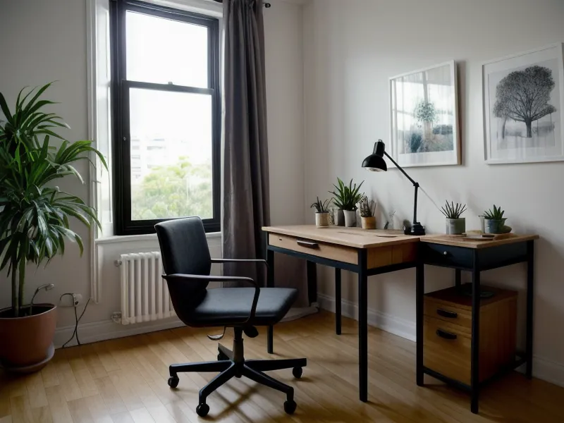 Escritorio a altura ergonómica con guía de color bajo luz natural, elemento clave para la concentración creativa en el diseño freelance