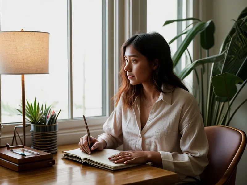 Estudio creativo ordenado al atardecer, ejemplo de bienestar en casa y espacio de trabajo listo para el día siguiente