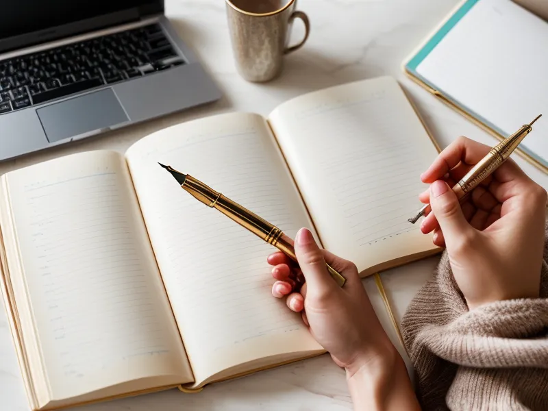 Mano escribiendo en un cuaderno de crecimiento personal junto a una laptop, hábito de bienestar emocional freelance