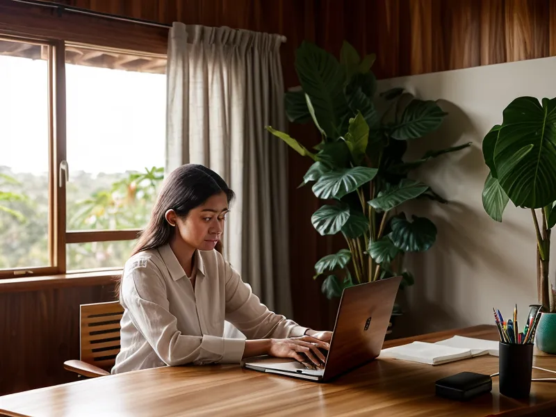 Diseñadora freelance en Asunción trabajando frente a la laptop, reflexionando sobre crecimiento personal y gestión del tiempo en la vida freelance
