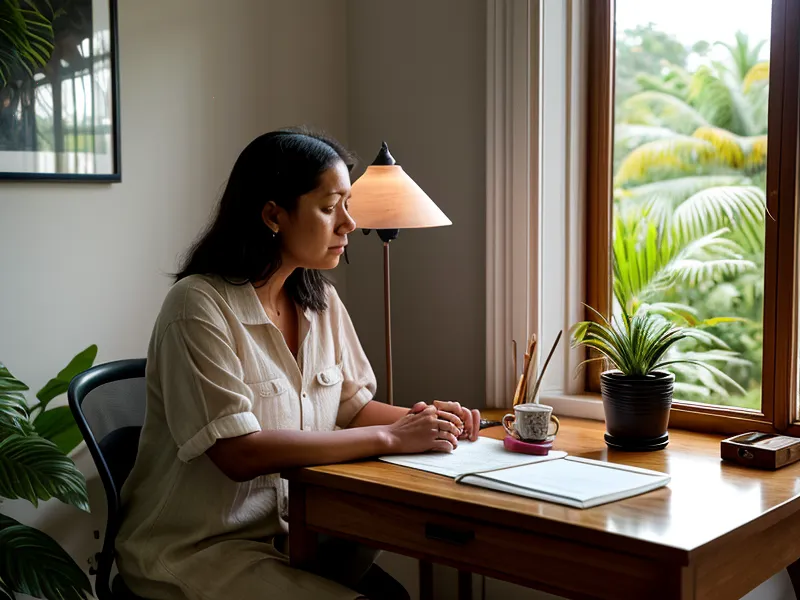 Diseñadora gráfica freelance en Asunción con su cuaderno de crecimiento personal, cuidando su bienestar como mujer freelance